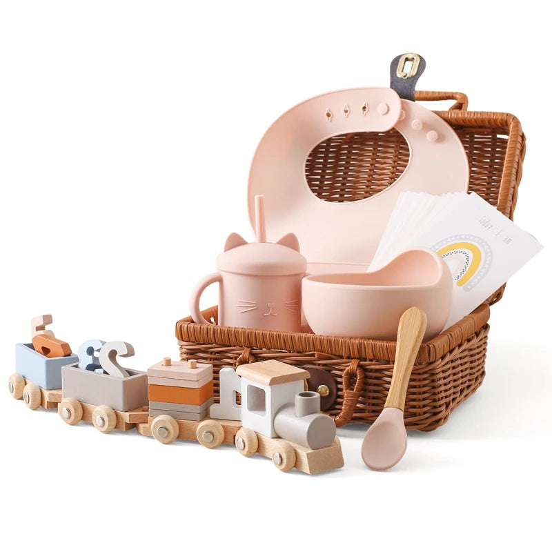 Coffret cadeau de naissance et shower de bébé Train en bois