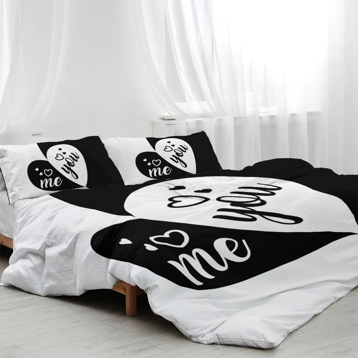 Ensemble de literie You and Me Black White Love Hearts Bedding Set