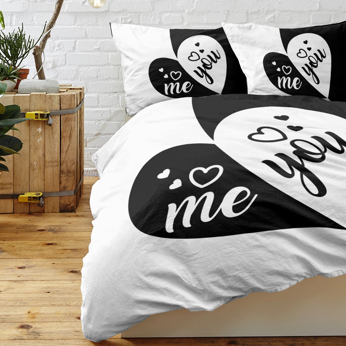 Ensemble de literie You and Me Black White Love Hearts Bedding Set