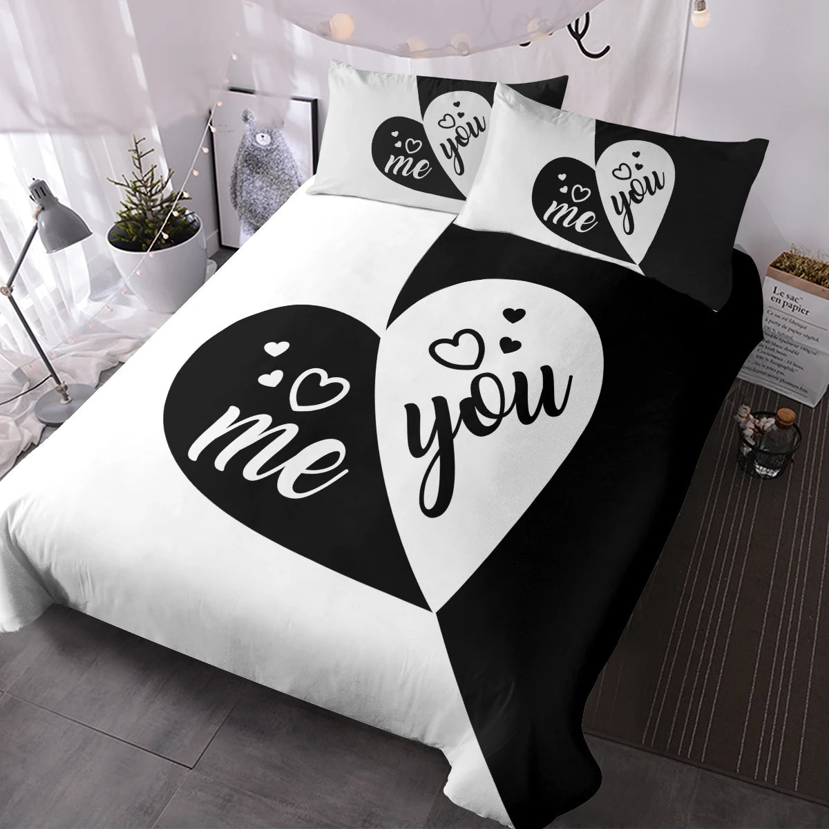 Ensemble de literie You and Me Black White Love Hearts Bedding Set